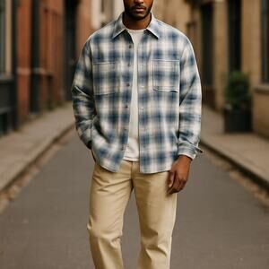 ZARA Checked Flannel Shirt Mens Small Blue White Heavyweight Utility Shacket NEW